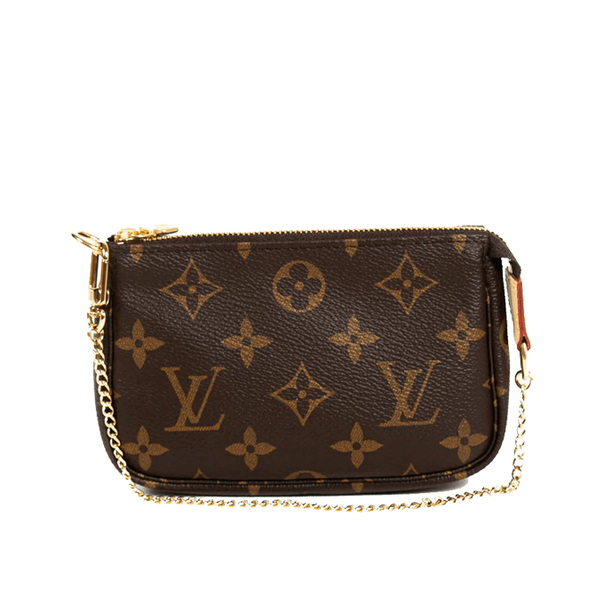 Louis Vuitton Mini Pochette in natural cowhide-leather trim with gold-color hardware and a secure zip closure