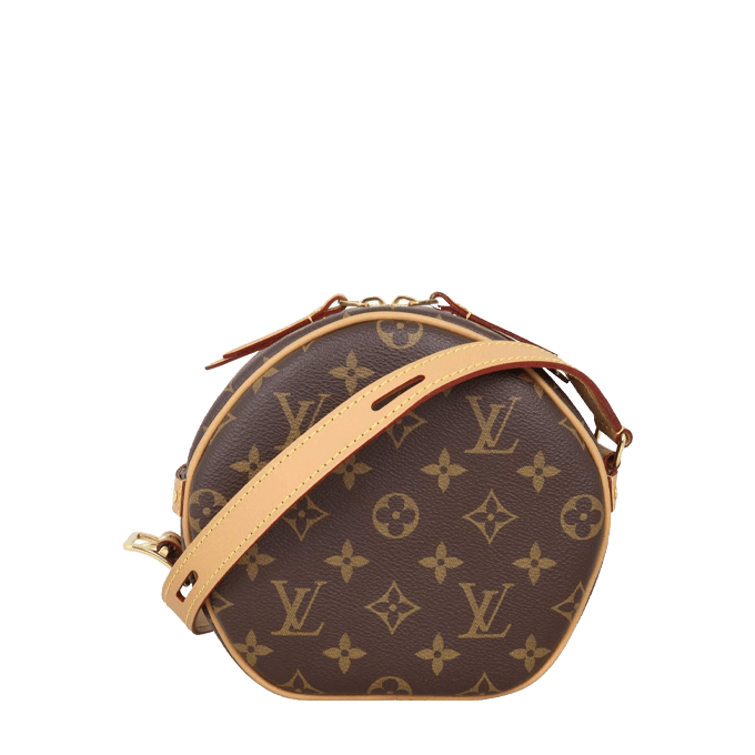 Louis Vuitton Boîte Chapeau Souple PM in Monogram canvas with natural cowhide trim, compact and stylish hatbox design.