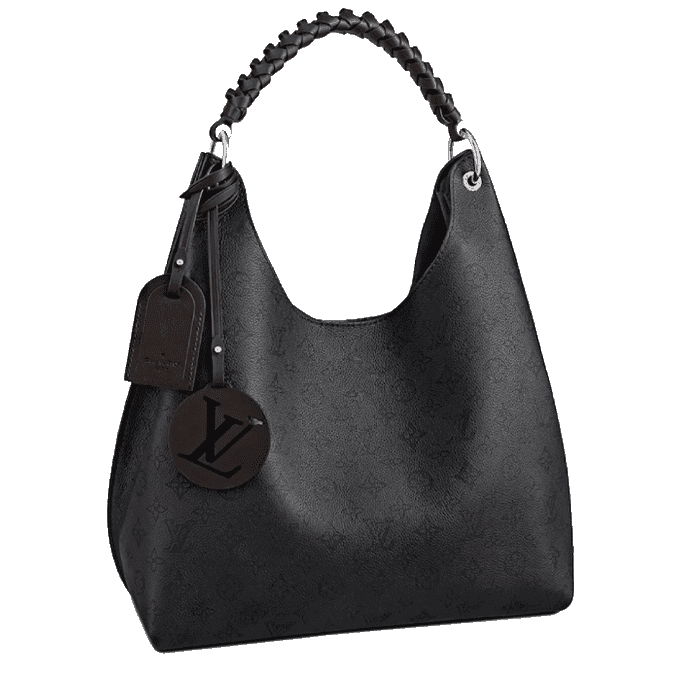 LV Carmel Mahina Hobo Bag in black Mahina calf leather with Monogram perforations.