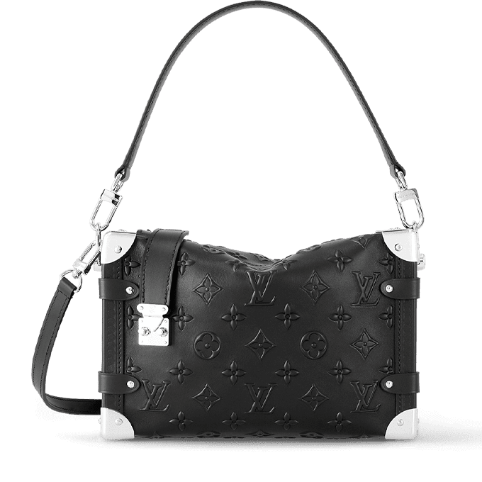Louis Vuitton Side Trunk PM Handbag in black calfskin leather with Monogram debossing and silver-color hardware.