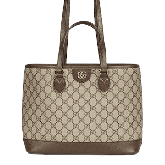 Ophidia GG Mini Tote Bag with GG Supreme canvas, brown leather trim, and Double G hardware, dimensions 31cm x 25cm x 13cm