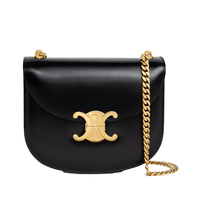 Celine Chain Besace Clea in Shiny Calfskin Black with bronze-toned hardware, featuring a detachable leather-and-chain strap