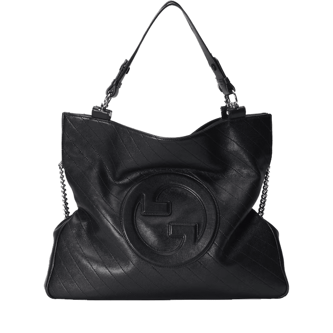 Gucci Blondie Tote Bag featuring Round Interlocking G emblem, crafted from luxurious black leather with a cotton linen lining