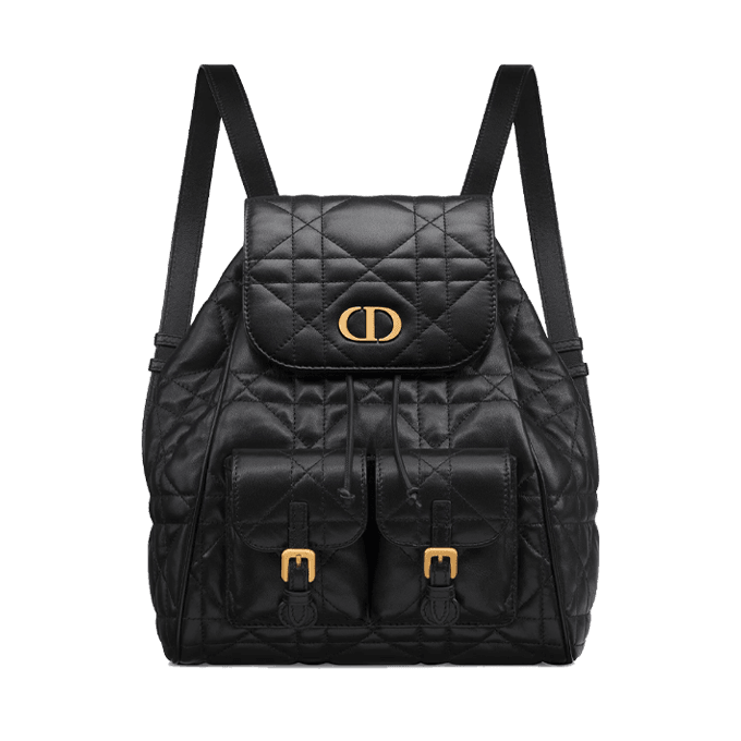 Dior Caro Backpack in Black Lambskin with Macrocannage Topstitching